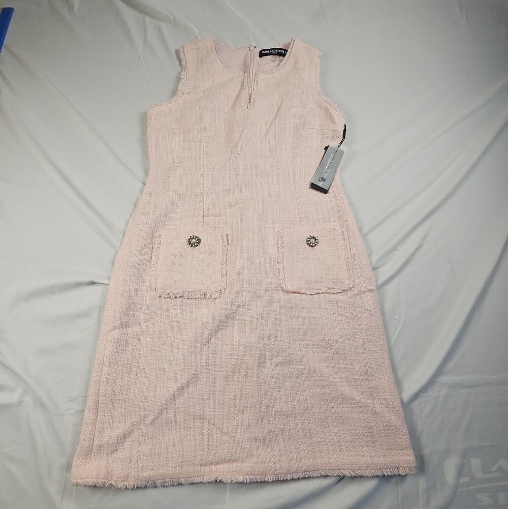 Womens 10 Pink Tweed Sleeveless Shift Dress Frayed Hem Pockets by Karl Lagerfeld